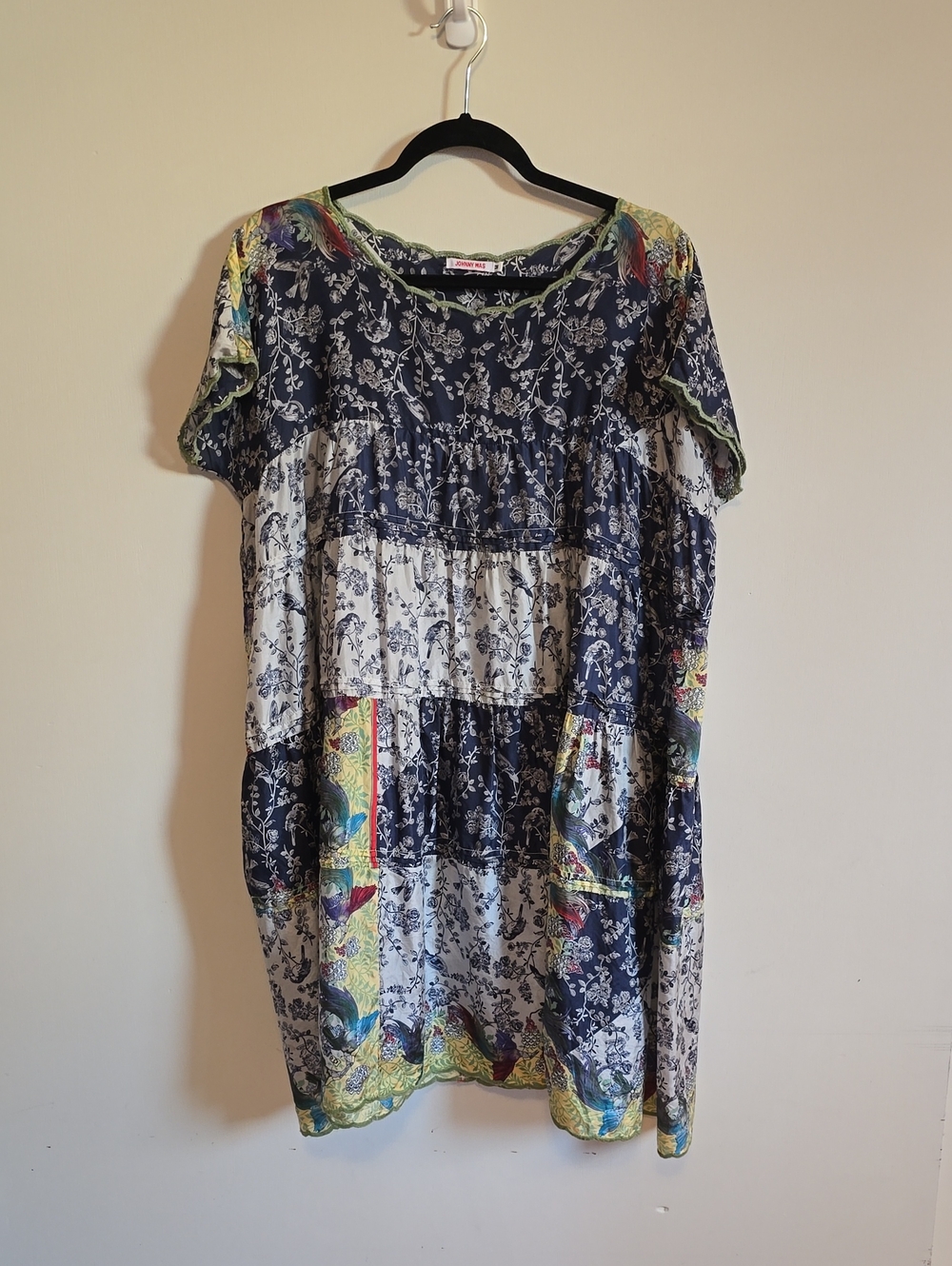 Johnny Was Navy and White Floral Patchwork Tunic with Multicolor Trim
